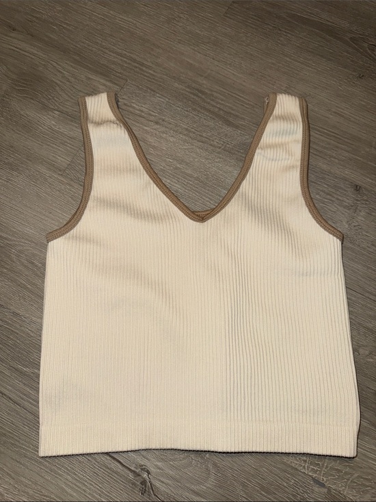 Freshwear Tops - Cream Ribbed V-Neck Tank with Tan Trim - Women